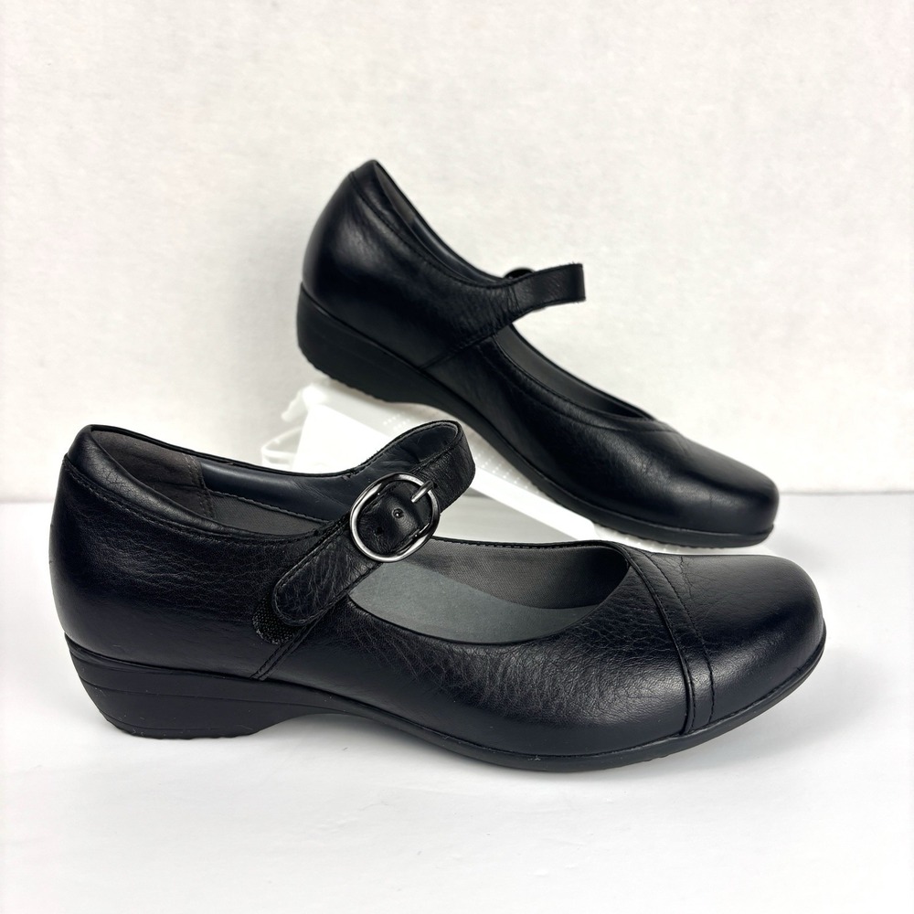 Dansko Fawna Mary Jane Shoes Womens 37 US 6.5-7 Black Leather Low Wedge Comfort